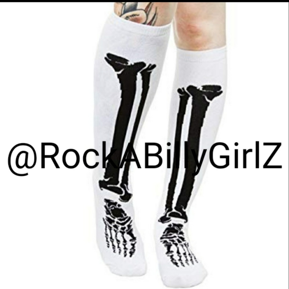 Sourpuss White Gothic Boneyard 17" Knee Socks w Black Skeleton Tibia Bone Feet - Picture 1 of 1